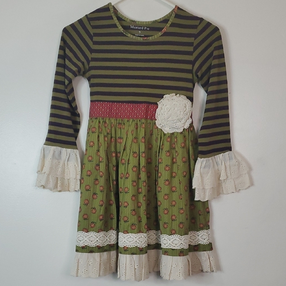 Mustard Pie Girls BoHo Mixed Print Crochet Tie Back Dress Size 7 Cottagecore